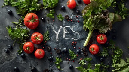 Tomatoes, herbs, olives, celery and a YES sign in the centre. Say yes to vitamin vegetables! Chalk on a black board saying YES. Talk to vegetables more often, they are great conversationalists - obrazy, fototapety, plakaty