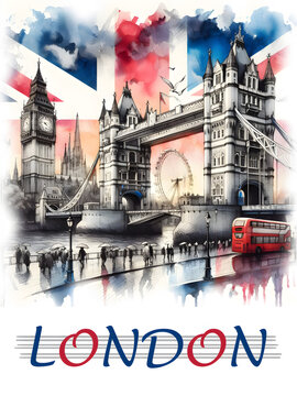 All sights of London (UK) on one painting