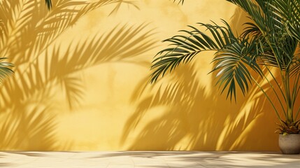 Fototapeta na wymiar Palm leaf shadows on yellow wall, Background for product advertisement, Summer tropical travel beach with minimal concept, Banner with copy space, generative ai