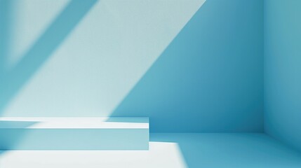 Minimal podium stage on blue pastel light background with shadow on the wall. for products, Mock up for exhibitions, presentation of products, generative ai
