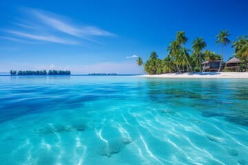 Serene tropical beach landscape with palm trees and clear blue lagoon, idyllic vacation destination