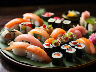 Sushi is a traditional Japanese food that consists of salmon and seaweed wrapped around rice, carefully arranged in beautiful colors, authentic Japanese dining setting