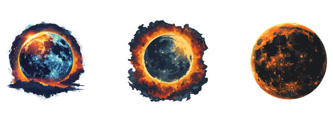 Eclipse, astronomical event, solar eclipse clipart vector illustration set - obrazy, fototapety, plakaty
