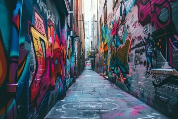 Narrow alleyway filled with vibrant and diverse graffiti art covering every available surface. The graffiti ranges from colorful tags to intricate murals. Generative AI