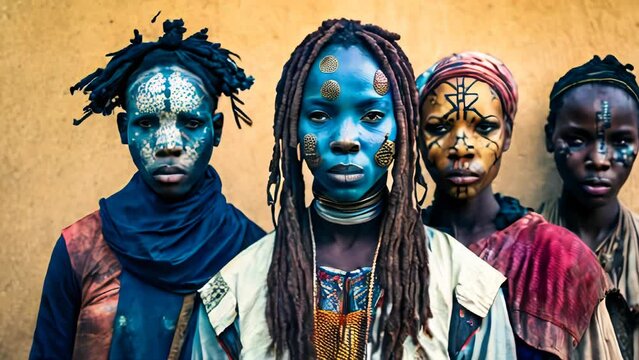 A group of young ethnic African people wearing traditional cloth, with colorful tribal paint on their faces