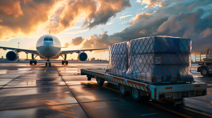 Air freight logistics at sunrise, airplane and cargo on tarmac. - obrazy, fototapety, plakaty