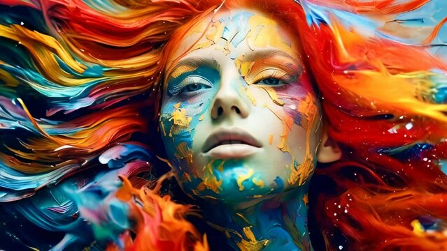 Creative colorful animation of a young woman painted on her face and hair