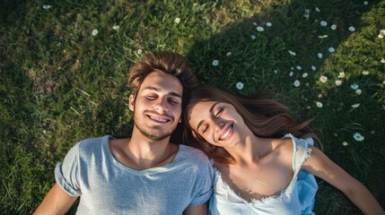 Happy young couple lying on green grass yard in front of new home.