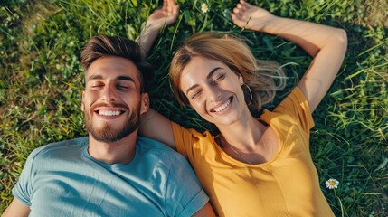 Happy young couple lying on green grass yard in front of new home.