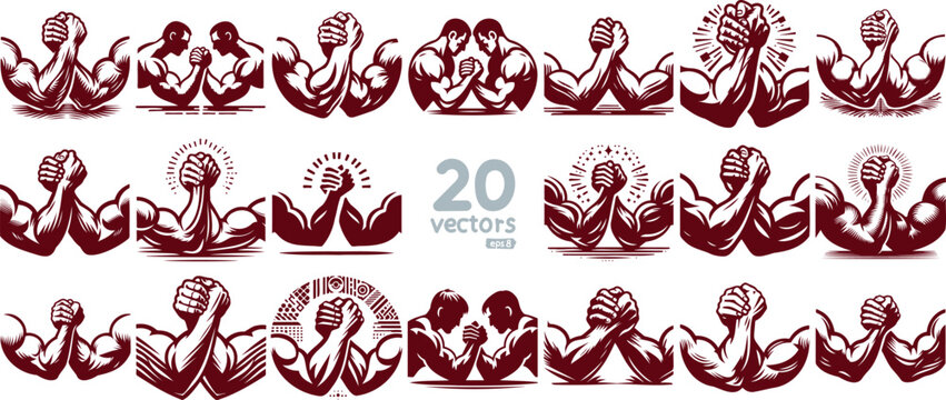 arm wrestling vector simple monochrome isolated drawing collection of different images
