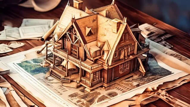 Animation of an old small home model. Real estate and engineering design concept.