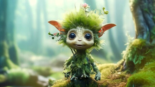 Cute little green creature dancing in the forest
