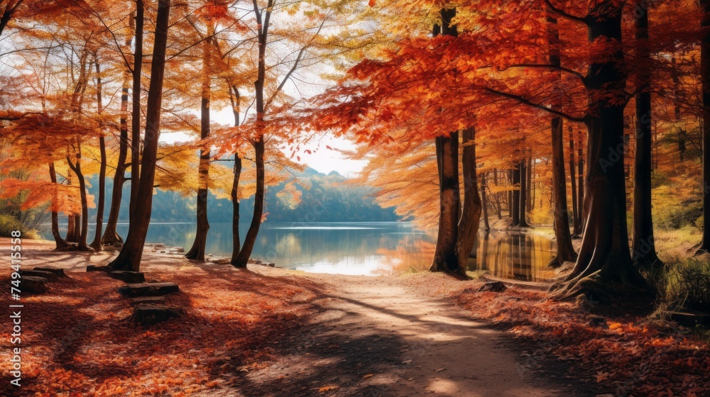 Poster a picturesque landscape of an autumn forest with colorful foliage of trees and a path near the lake.