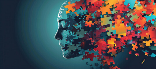 Abstract concept of human mind with colorful puzzle pieces emerging from head, representing creativity and problemsolving - obrazy, fototapety, plakaty