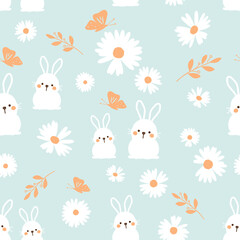 Seamless pattern with bunny rabbit cartoons, daisy flower and branch on green mint background vector.