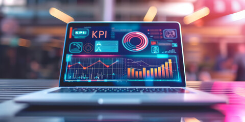 Futuristic digital holographic display over a laptop showcasing KPIs and data analytics, ideal for technology events or finance presentations.