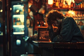 Suffering from depression and drinking, a man sits in a bar. Generative Ai - obrazy, fototapety, plakaty