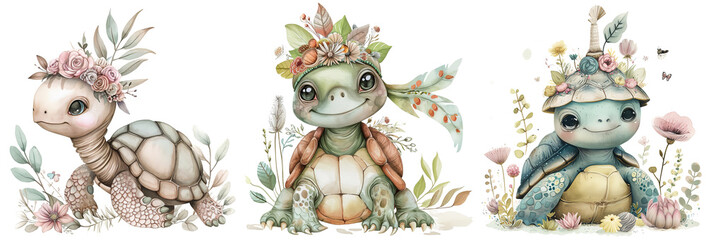 baby turtle, boho animal watercolor cartoon collection, Generative Ai - 749415951