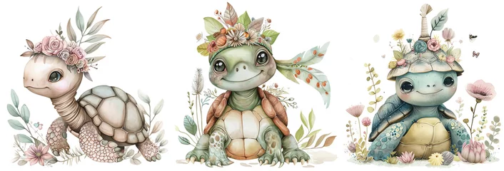 Deurstickers Boho dieren baby turtle, boho animal watercolor cartoon collection, Generative Ai