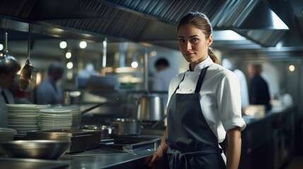 Chef in a restaurant in the kitchen. Smiling woman in the kitchen dressed in chef's clothes. Cooking in a restaurant