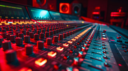 Obraz na płótnie Canvas Wide-angle shot of a mixing console for a recording studio. Red cinematic studio light.