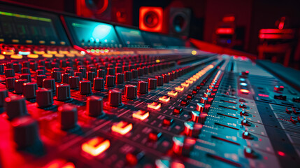 Fototapeta premium Wide-angle shot of a mixing console for a recording studio. Red cinematic studio light.