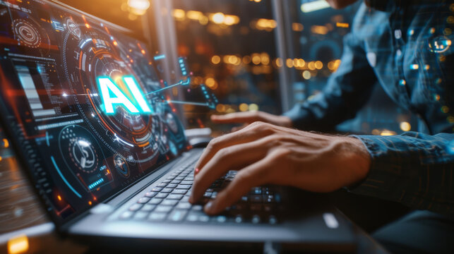 Futuristic image of hands typing on a laptop projecting an AI hologram interface, suitable for tech-related events and promotions.