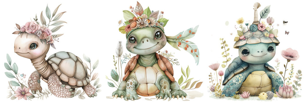 baby turtle, boho animal watercolor cartoon collection, Generative Ai