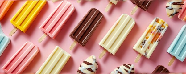 Colorful popsicles on a pastel pink background, ideal for summer event designs, refreshing treat themed parties or dessert marketing.
