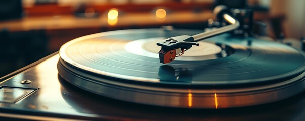 Close-up of a turntable playing a vinyl record with a warm, nostalgic vibe, suitable for...