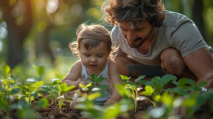 Father and his baby daughter planting tree together in garden, closeup 