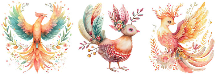 Obraz premium baby phoenix bird, boho animal watercolor cartoon collection, Generative Ai