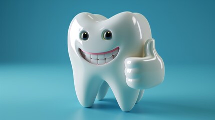 A cheerful 3D tooth character giving a thumbs up, useful for dental health promotions or educational content related to oral hygiene.