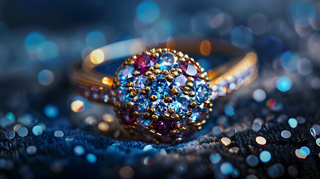 A stunning close-up shot of a ring sparkling brilliantly against a plush, dark velvet backdrop. The image perfectly captures the radiance and luxury associated with high-end jewelry.