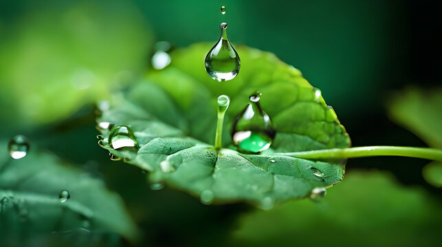 Tesing carbon dioxide in water drops on green leaf. Closeup of plant green leaf with CO2. Science and nature concept. Perfect for eco sticker. photorealistic. Selective focus