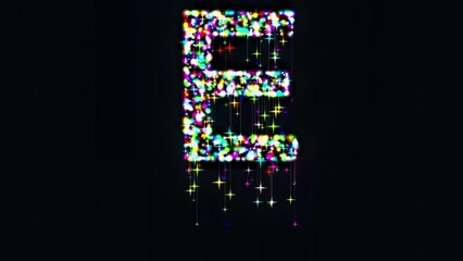 Beautiful illustration of English alphabet E with colorful glitter sparkles and falling stars on plain black background
