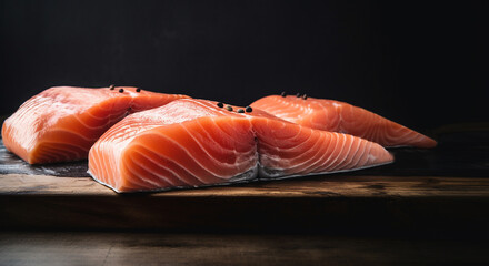 Salmon, trout, steak, slice of fresh raw fish, on dark wooden. Fresh raw salmon fillet with culinary ingredients, herbs and lemon on black background