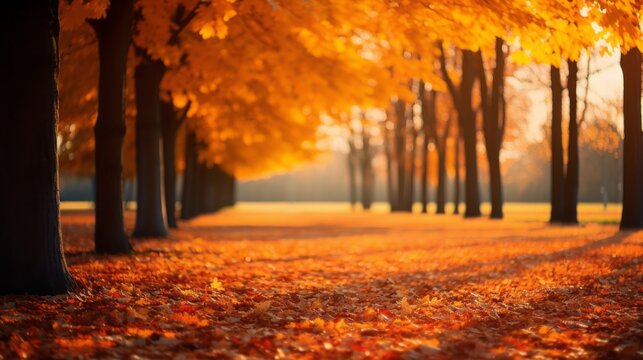 Horizontal Autumn Background with fallen orange leaves, a road and colorful trees in a Park on a sunny Day. Season, Landscape, Nature, Copy Space.
