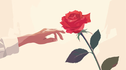 Vector illustration of boy hand giving bright red rose