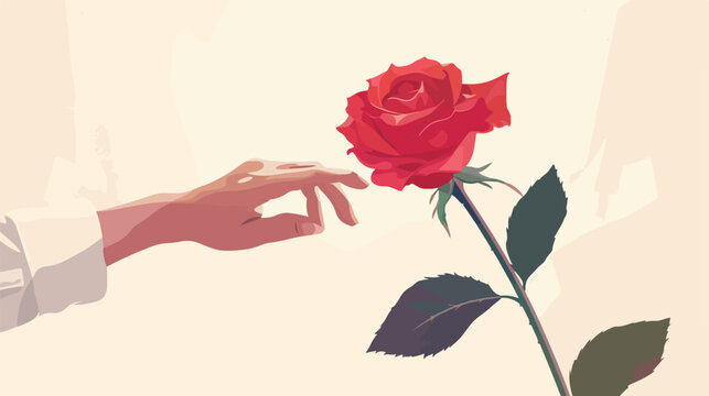 Vector illustration of boy hand giving bright red rose