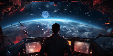 Pilot in spaceship control room