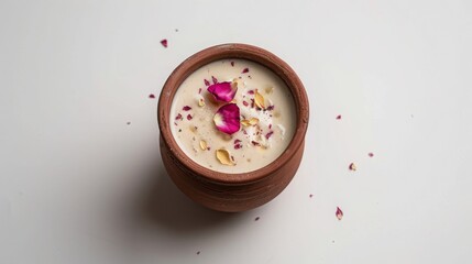 yogurt lassi in clay glass and rose petals for garnish in white background