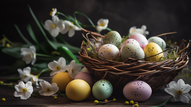 Colorful Easter Egg and Flower on Wood Background, Perfect for Easter theme Designs