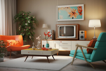 Retro living room interior with tv