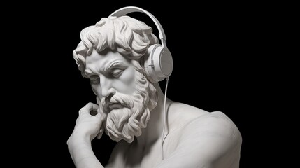 Antique statue of a man with headphones. Male Classic Greek and Roman statue with modern gadgets
