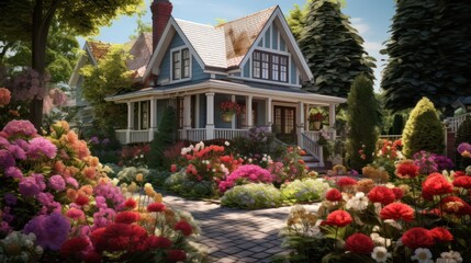 Fototapeta na wymiar the charm of a quaint Cottage-style home amidst a blooming garden, evoking a cozy and inviting atmosphere