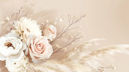 Modern beige and blush trendy vector design banner. Pastel pampas grass, fern, white peony, pale magnolia, ranunculus, pink rose. Watercolor brush texture.Wedding boho card. Isolated. Generative Ai