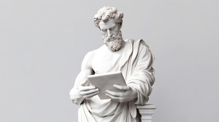Antique statue of a man holding a tablet. Male Classic Greek and Roman statue with modern gadgets