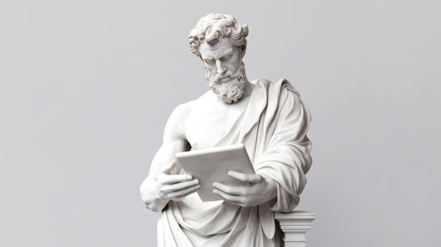 Antique statue of a man holding a tablet. Male Classic Greek and Roman statue with modern gadgets