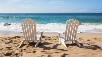 Relaxing serene beach scene with empty lounge chairs by the ocean, perfect vacation destination